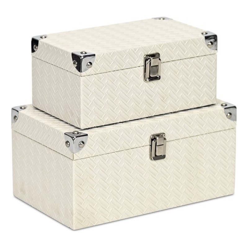 Estina Set of 2 Woven Vinyl Pattern Wood Boxes - White