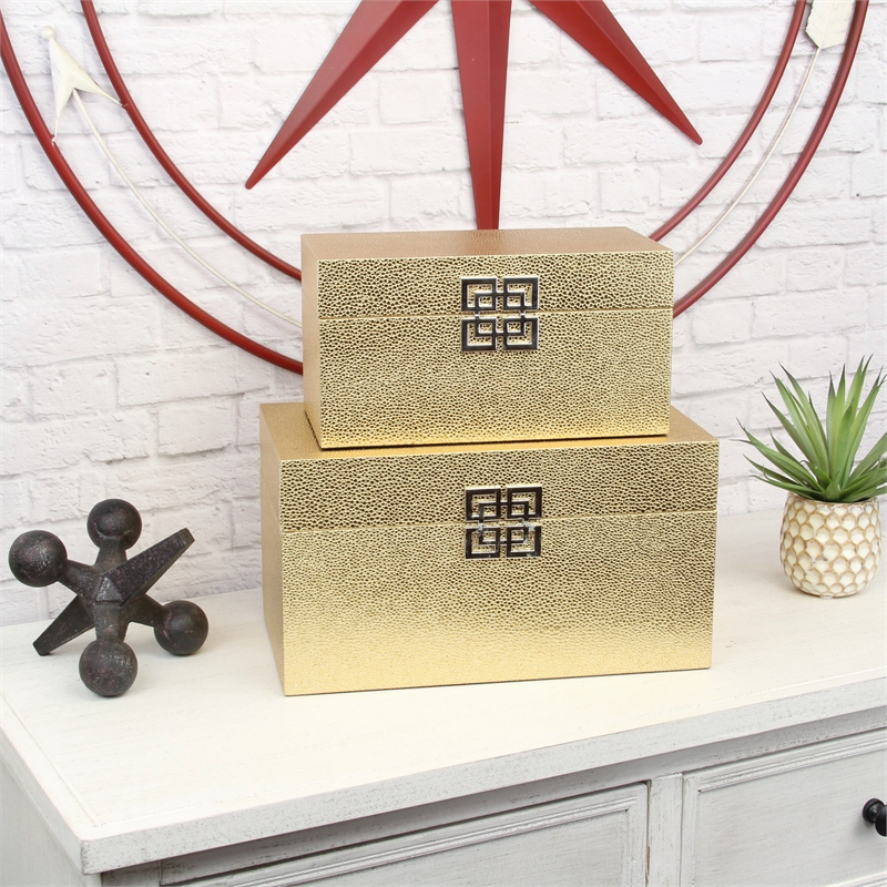 Galena Set of 2 Double Happiness Shagreen Boxes - Gold