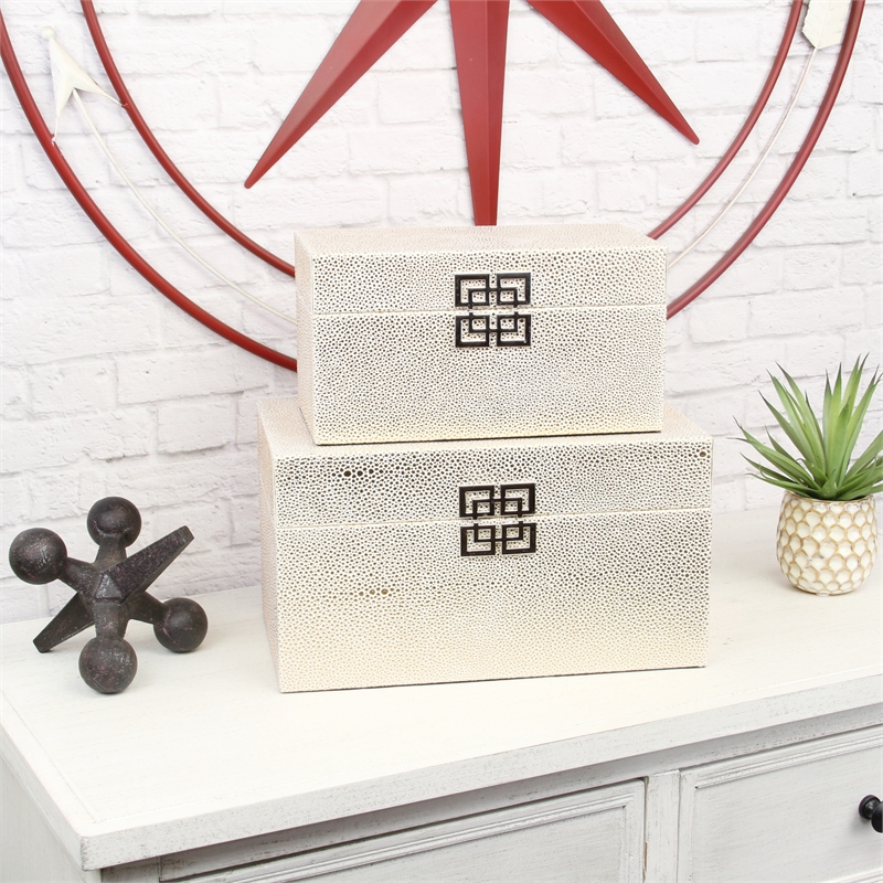 Galena Set of 2 Double Happiness Shagreen Boxes - White Gold