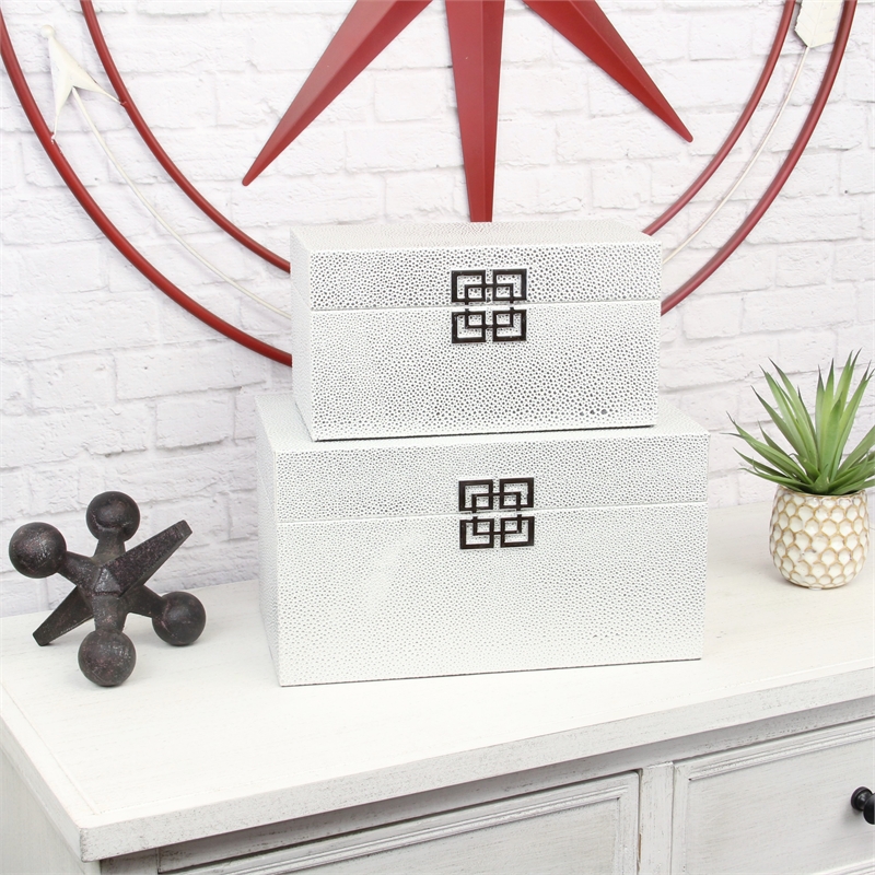 Galena Set of 2 Double Happiness Shagreen Boxes - White Silver