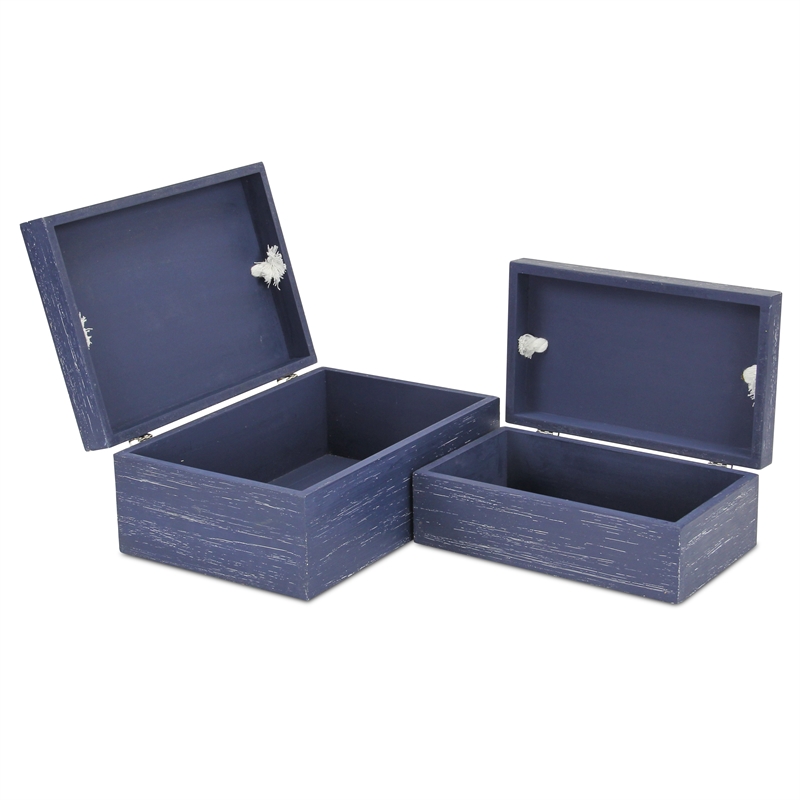 Caler 2 Piece Rectangular Blue Wood Storage Box Set with White Rope Accent