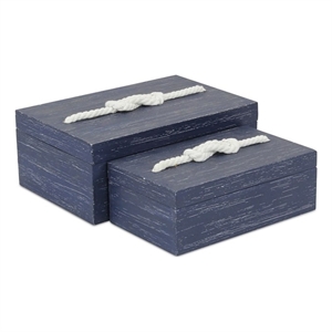Caler 2 Piece Rectangular Blue Wood Storage Box Set with White Rope Accent