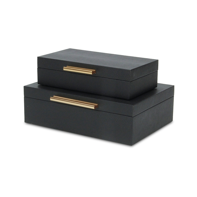 Lusan Rectangular Decorative Box Set - Black Faux Snakeskin