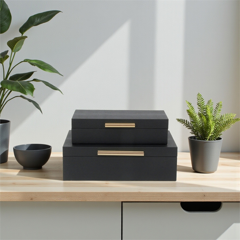 Lusan Rectangular Decorative Box Set - Black Faux Snakeskin