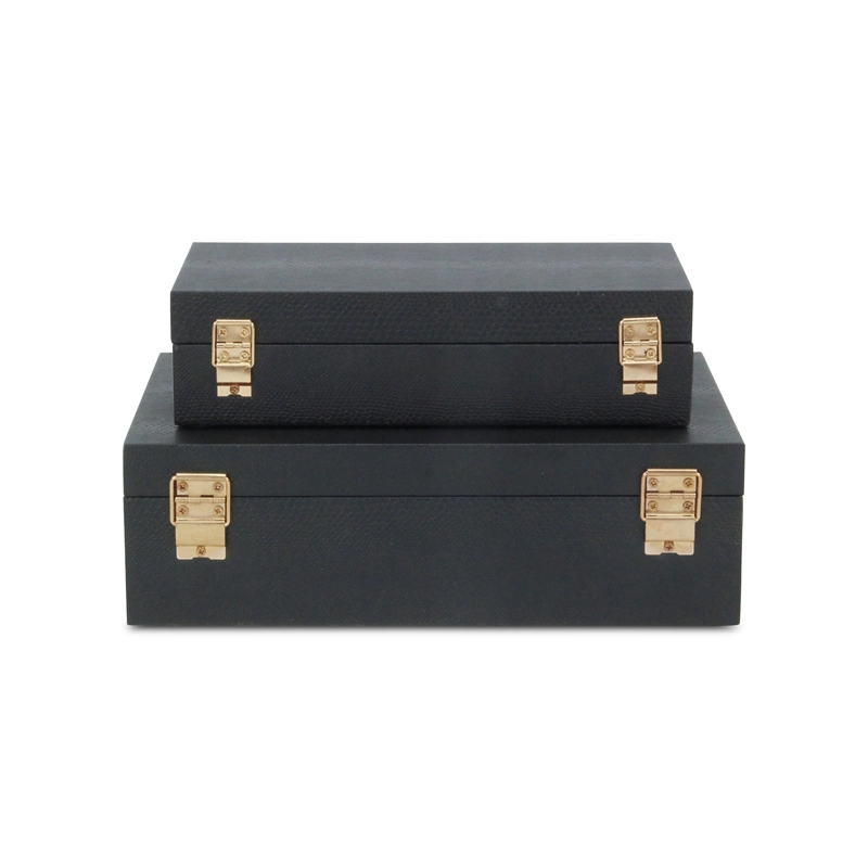 Lusan Rectangular Decorative Box Set - Black Faux Snakeskin