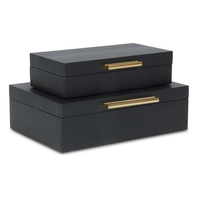 Lusan Rectangular Decorative Box Set - Black Faux Snakeskin