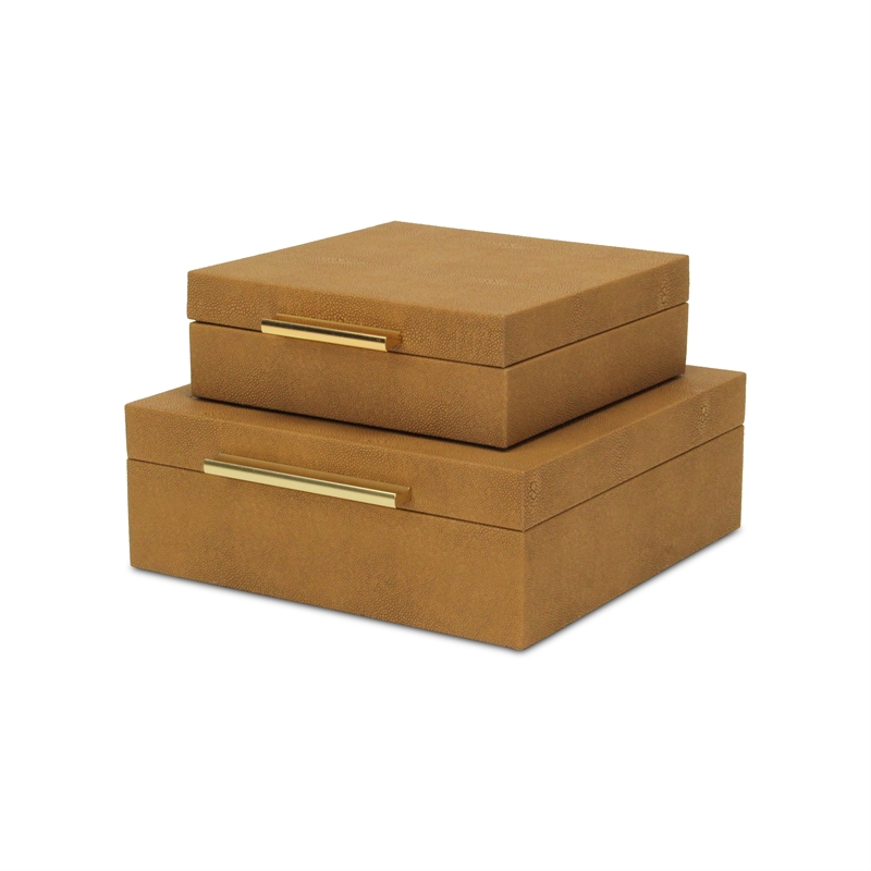 Lusan Square Decorative Box Set - Camel Brown Faux Shagreen