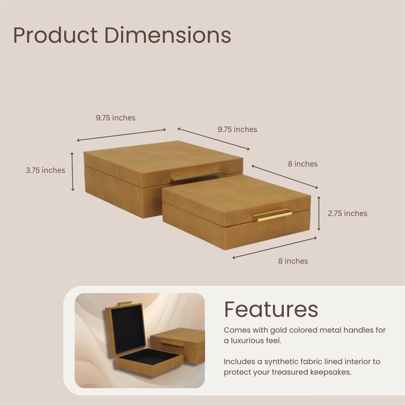 Lusan Square Decorative Box Set - Camel Brown Faux Shagreen