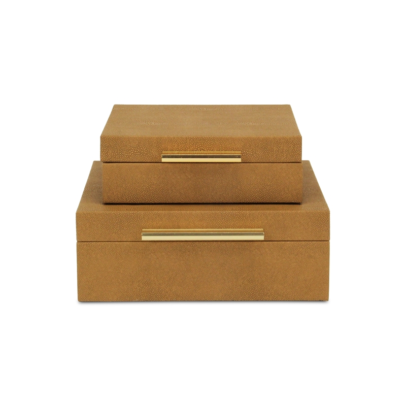 Lusan Square Decorative Box Set - Camel Brown Faux Shagreen