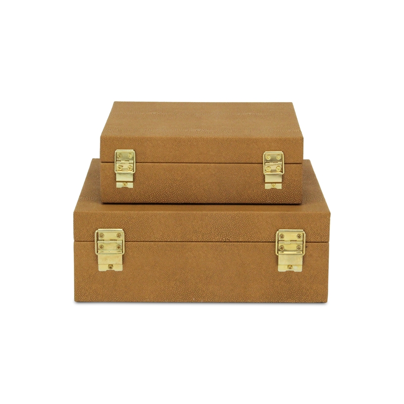 Lusan Square Decorative Box Set - Camel Brown Faux Shagreen