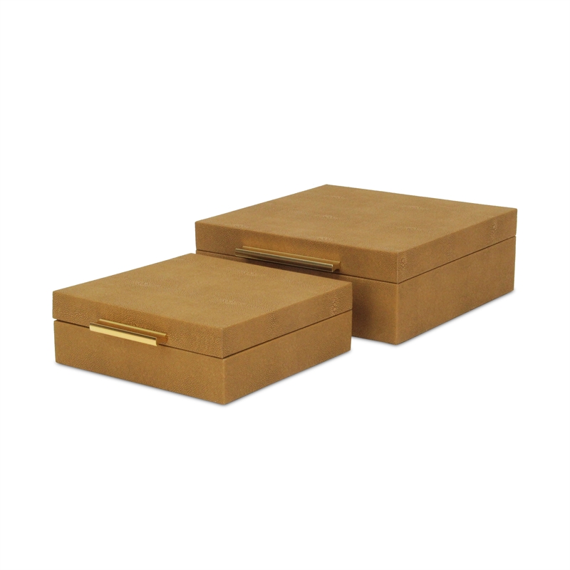 Lusan Square Decorative Box Set - Camel Brown Faux Shagreen