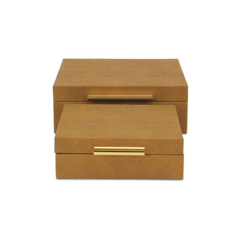 Lusan Square Decorative Box Set - Camel Brown Faux Shagreen
