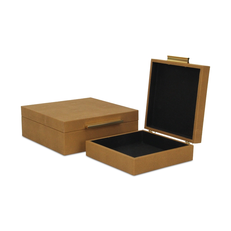 Lusan Square Decorative Box Set - Camel Brown Faux Shagreen