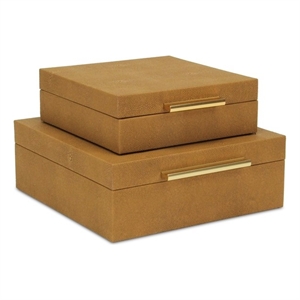 Lusan Square Decorative Box Set - Camel Brown Faux Shagreen
