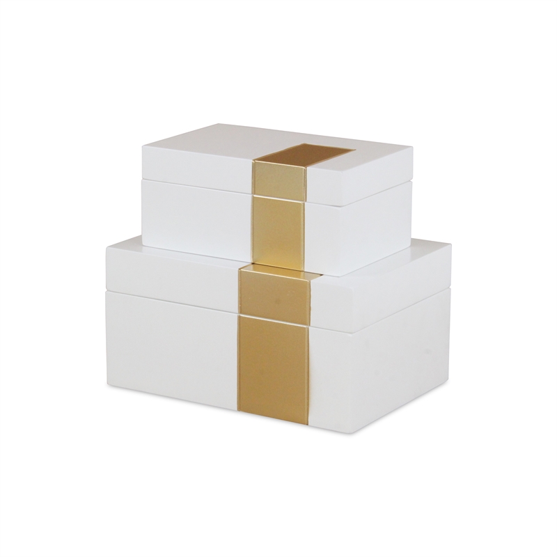 White Wooden Decorative Box with Golden Band Accent (Set of 2)