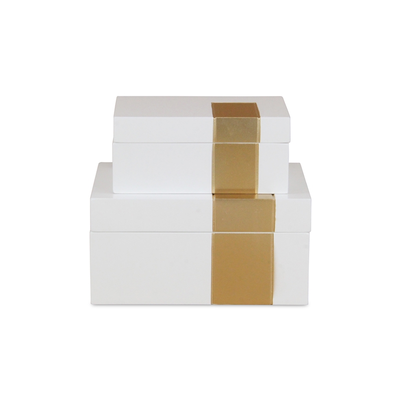 White Wooden Decorative Box with Golden Band Accent (Set of 2)