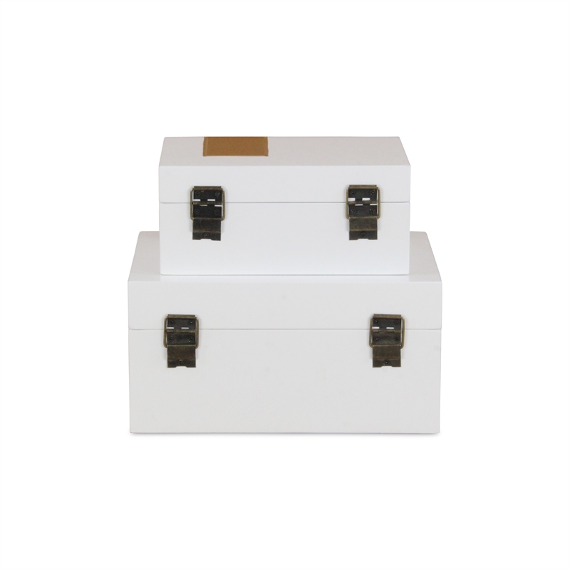 White Wooden Decorative Box with Golden Band Accent (Set of 2)