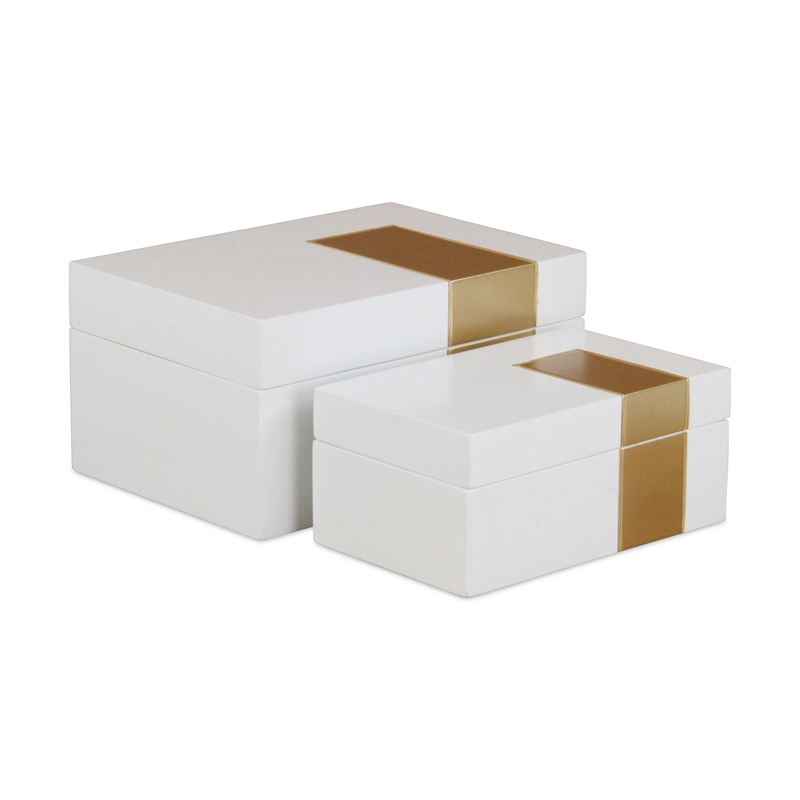 White Wooden Decorative Box with Golden Band Accent (Set of 2)