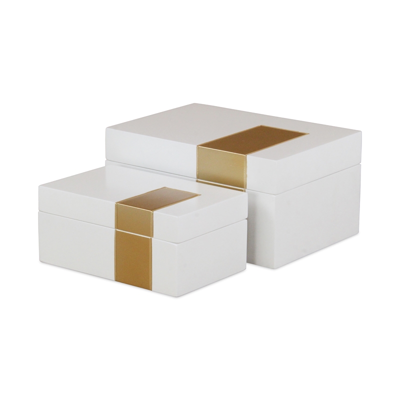White Wooden Decorative Box with Golden Band Accent (Set of 2)