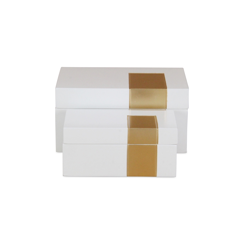 White Wooden Decorative Box with Golden Band Accent (Set of 2)