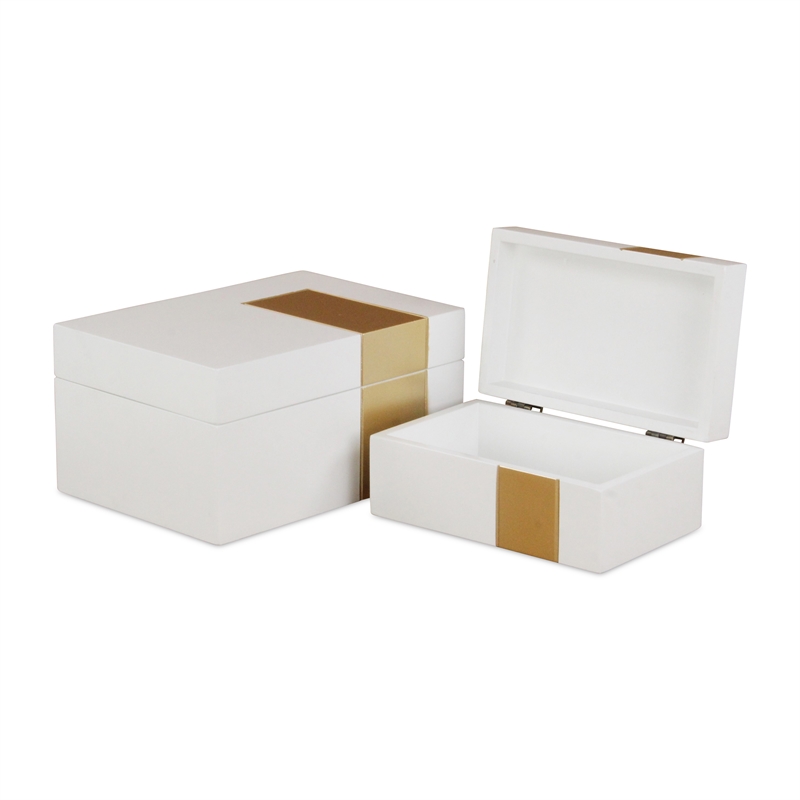 White Wooden Decorative Box with Golden Band Accent (Set of 2)