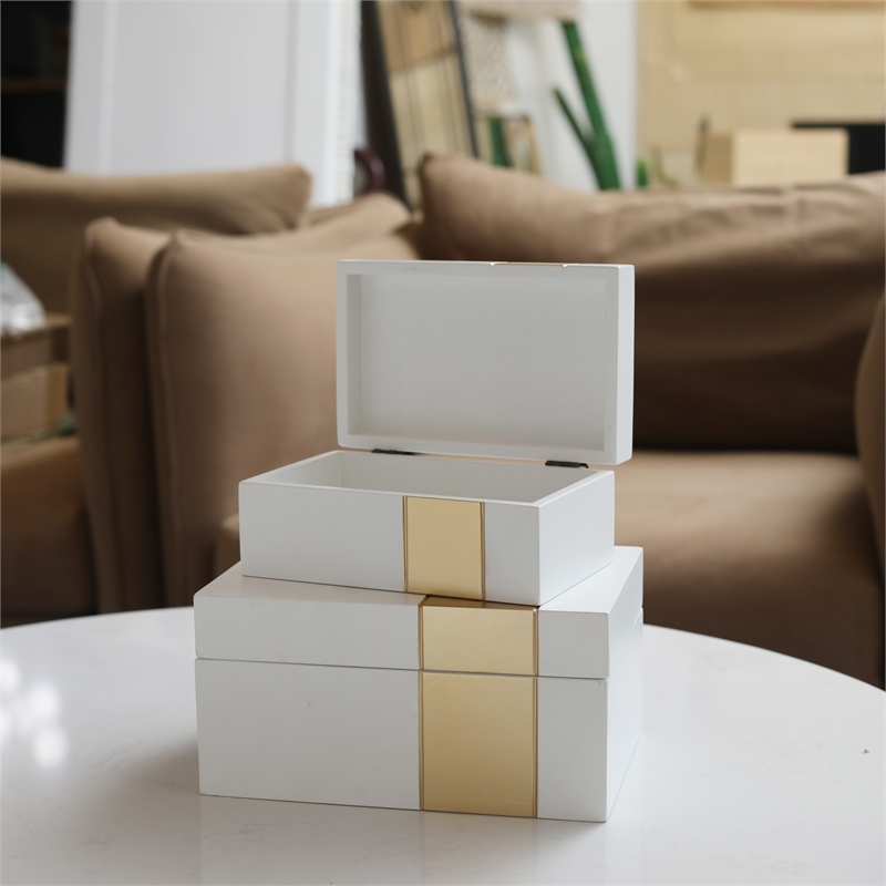 White Wooden Decorative Box with Golden Band Accent (Set of 2)