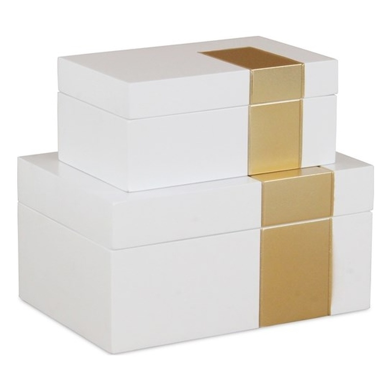 White Wooden Decorative Box with Golden Band Accent (Set of 2)