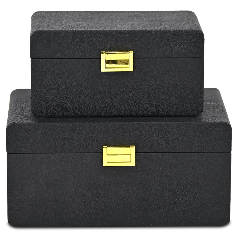 Alethea Rounded Shagreen Vinyl Box Set with Gold Handles - Black