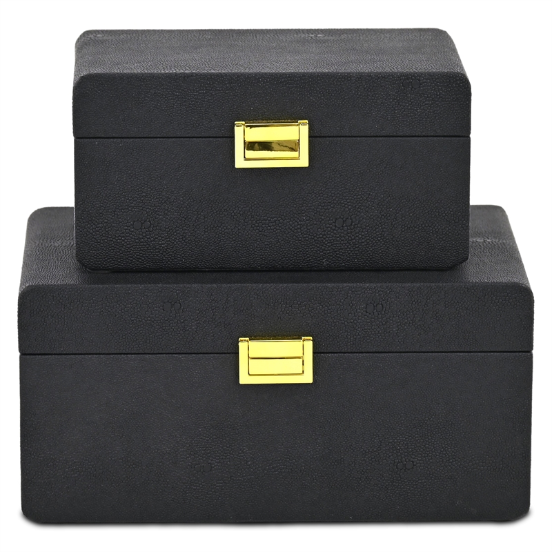 Alethea Rounded Shagreen Vinyl Box Set with Gold Handles - Black