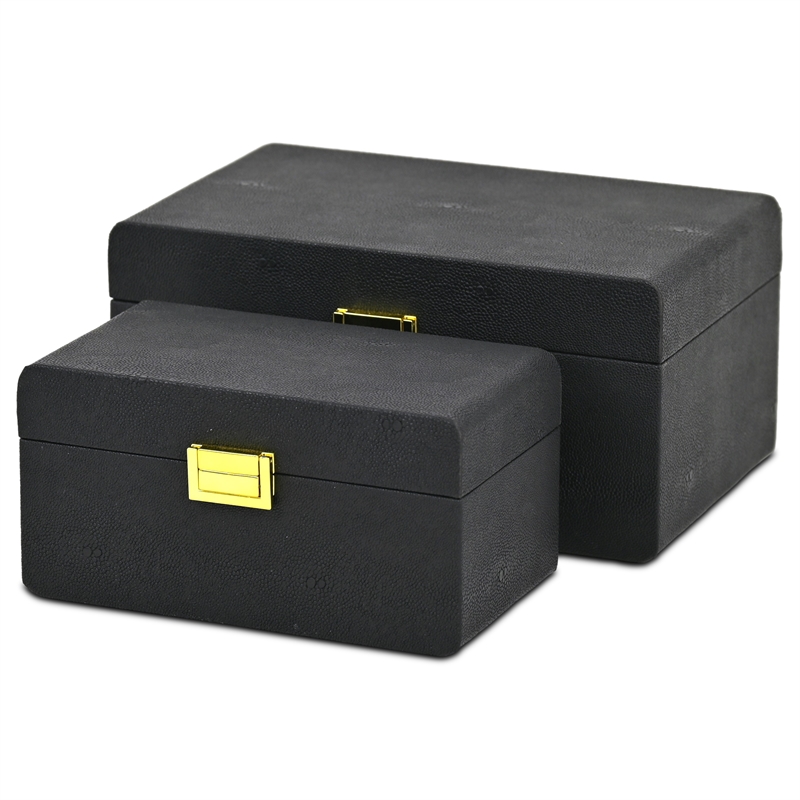 Alethea Rounded Shagreen Vinyl Box Set with Gold Handles - Black