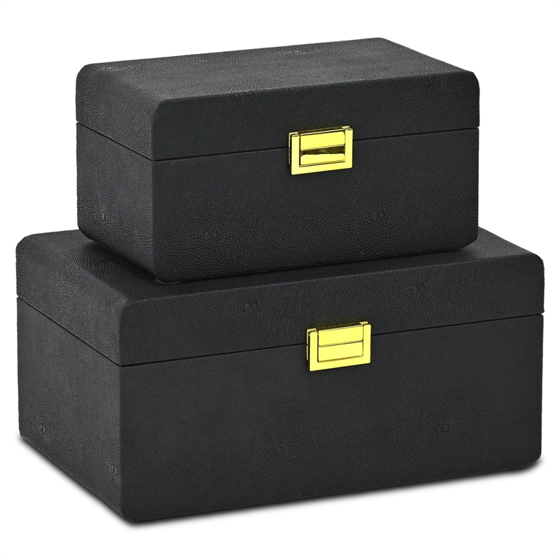 Alethea Rounded Shagreen Vinyl Box Set with Gold Handles - Black