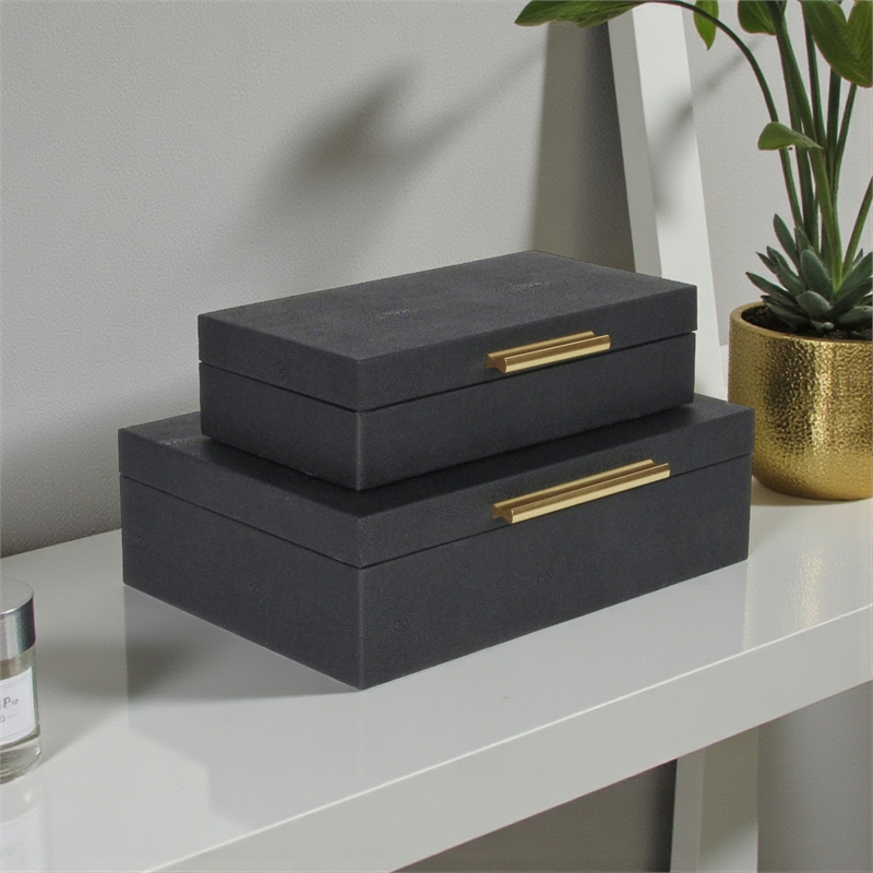 Lusan Rectangular Decorative Box Set - Black Faux Shagreen