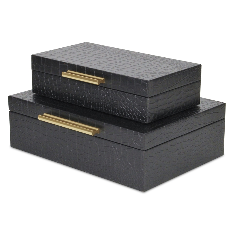 Lusan Rectangular Decorative Box Set - Black Faux Croco
