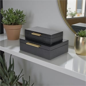 Lusan Rectangular Decorative Box Set - Black Faux Croco
