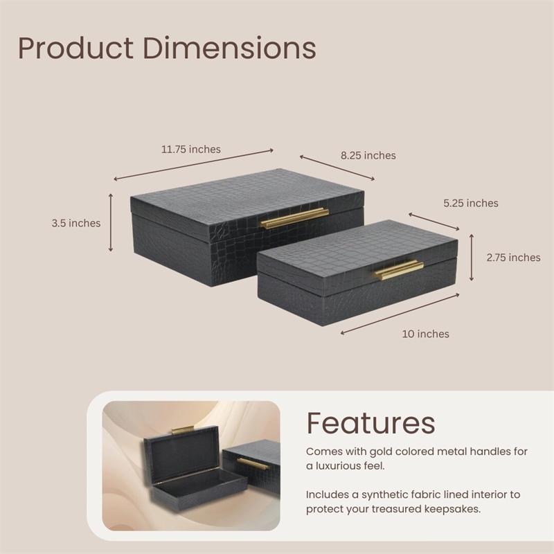 Lusan Rectangular Decorative Box Set - Black Faux Croco