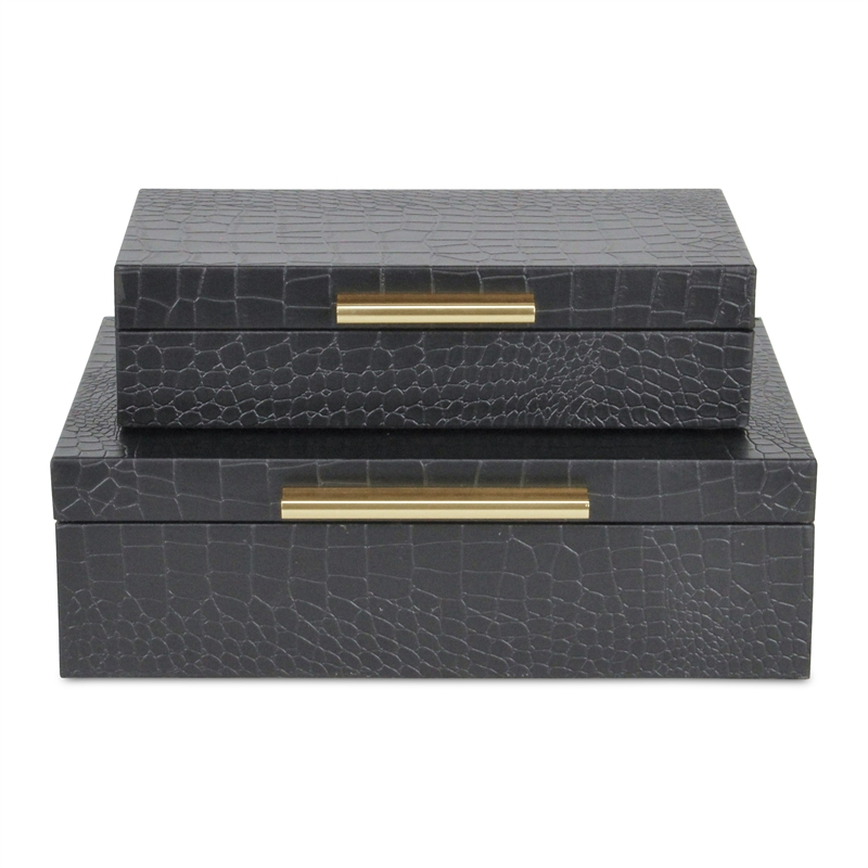 Lusan Rectangular Decorative Box Set - Black Faux Croco