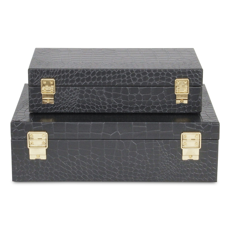 Lusan Rectangular Decorative Box Set - Black Faux Croco