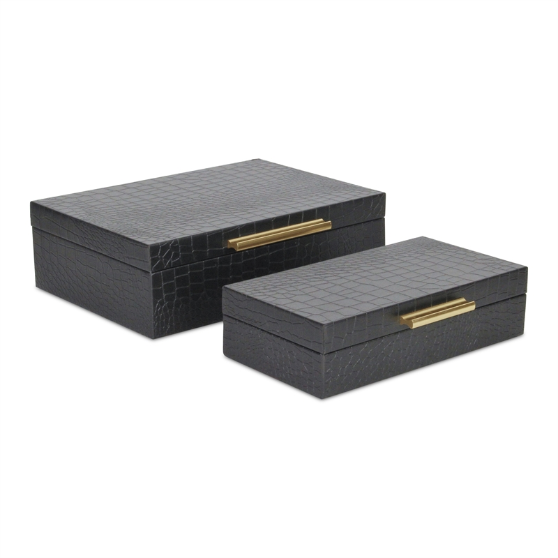 Lusan Rectangular Decorative Box Set - Black Faux Croco