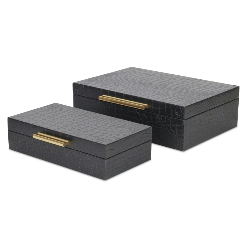 Lusan Rectangular Decorative Box Set - Black Faux Croco