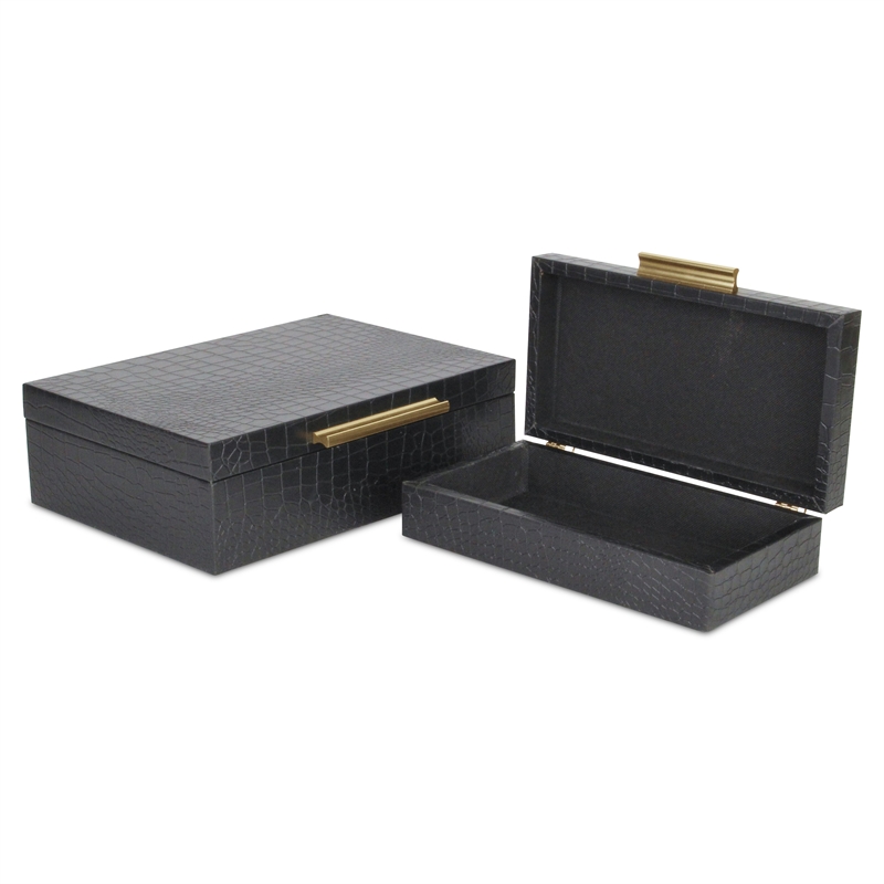 Lusan Rectangular Decorative Box Set - Black Faux Croco