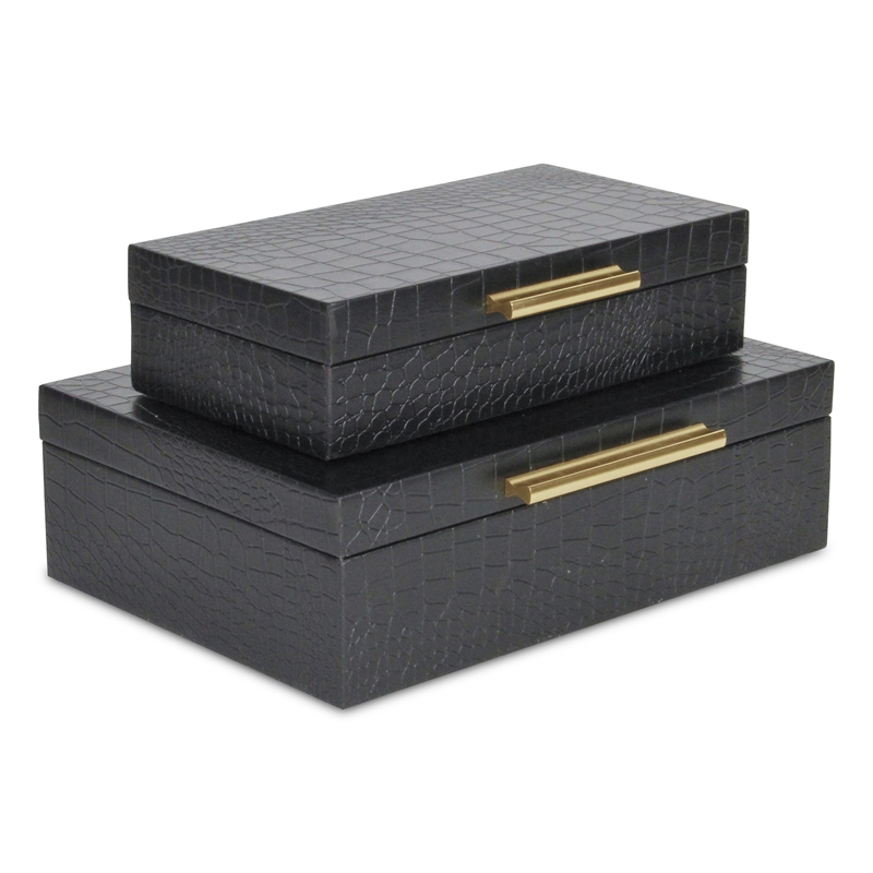 Lusan Rectangular Decorative Box Set - Black Faux Croco