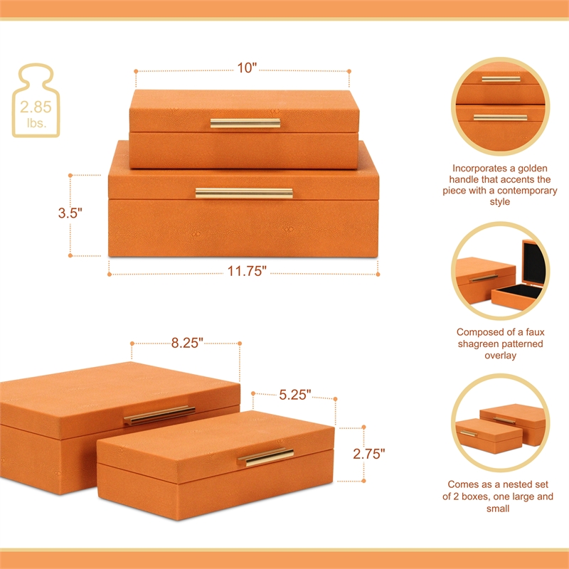 Lusan Rectangular Decorative Box Set - Orange Faux Shagreen