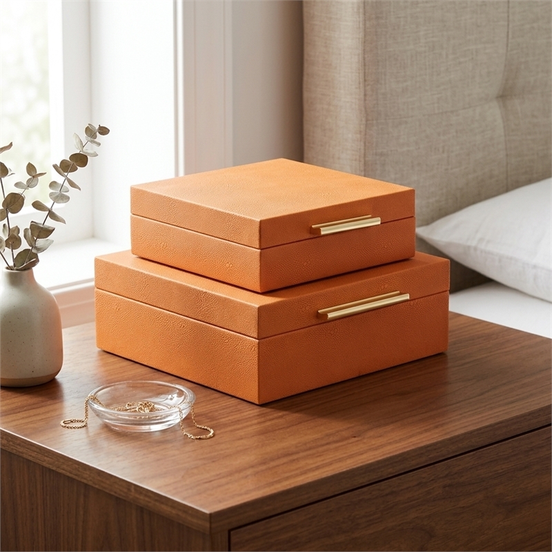 Lusan Square Decorative Box Set - Orange Faux Shagreen