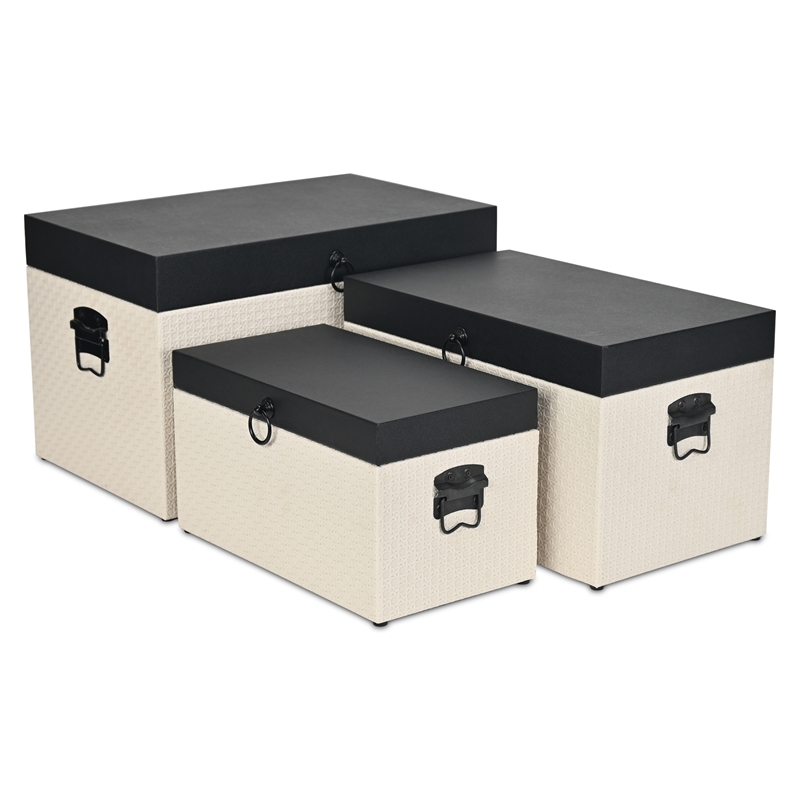 Ellaran Set of 3 Black Shagreen and Cream Wicker Pattern Trunks