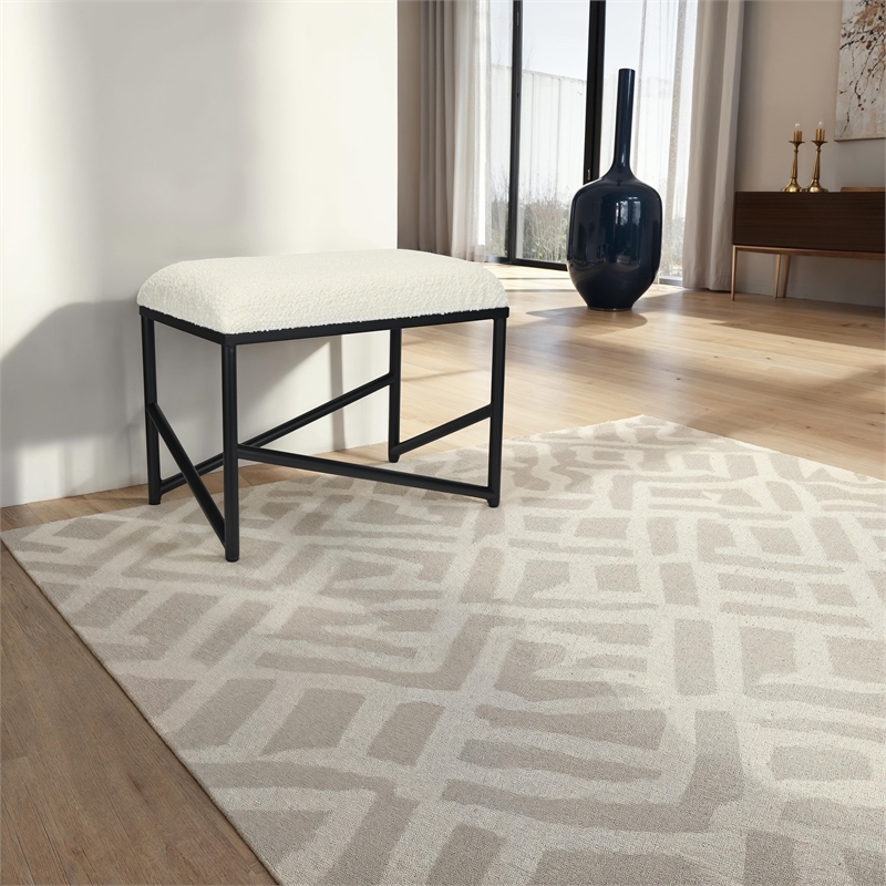 Trion Abstract Black Bench with White Boucle Upholstery