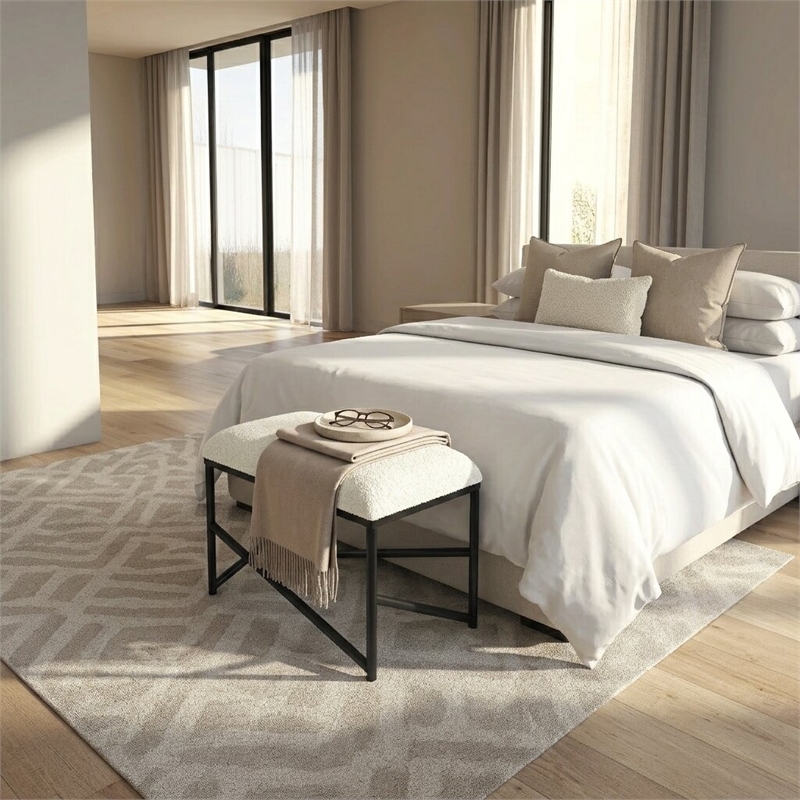 Trion Abstract Black Bench with White Boucle Upholstery