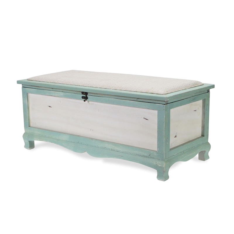 Nella Shabby-Chic Seafoam Green Cushioned Wood Bench Chest With Storage