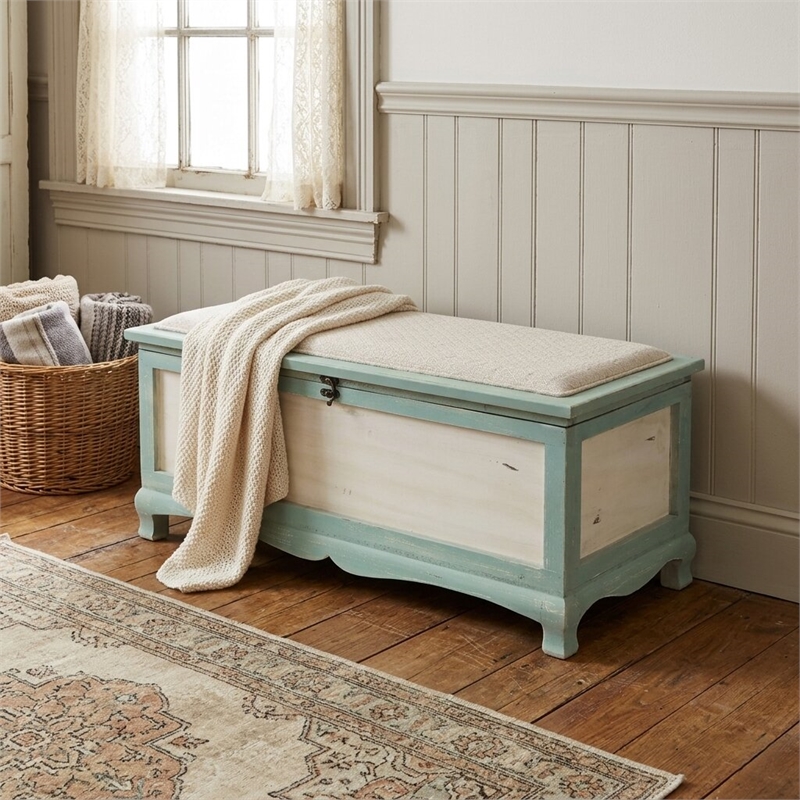 Nella Shabby-Chic Seafoam Green Cushioned Wood Bench Chest With Storage