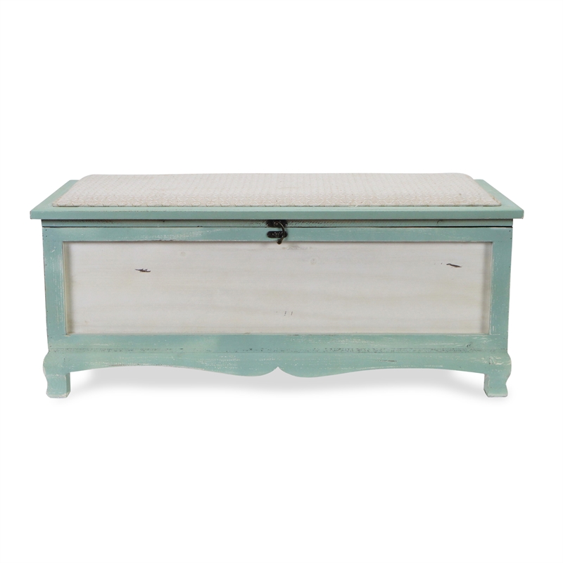Nella Shabby-Chic Seafoam Green Cushioned Wood Bench Chest With Storage