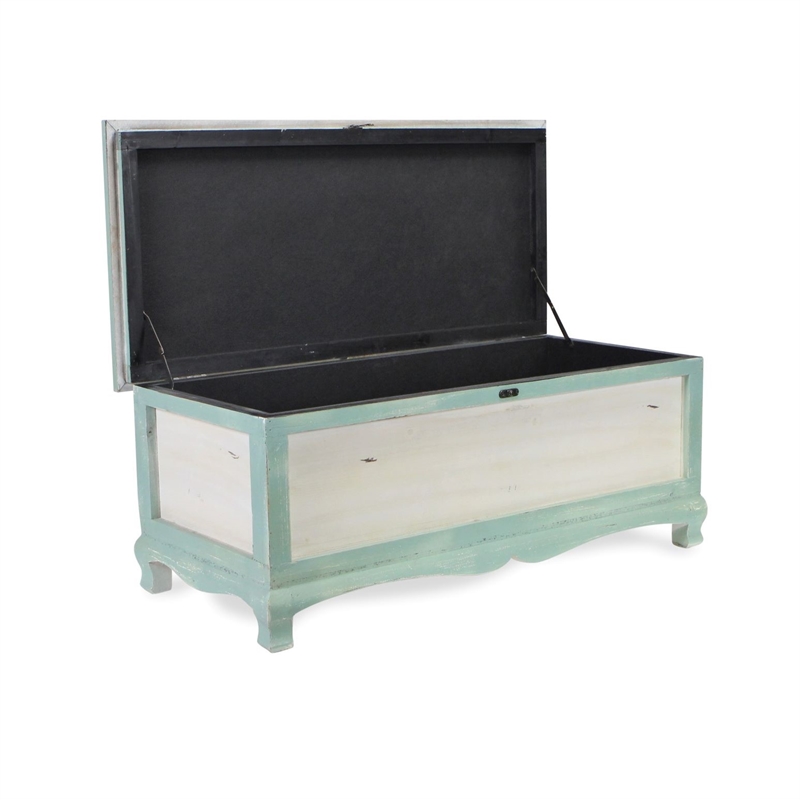Nella Shabby-Chic Seafoam Green Cushioned Wood Bench Chest With Storage
